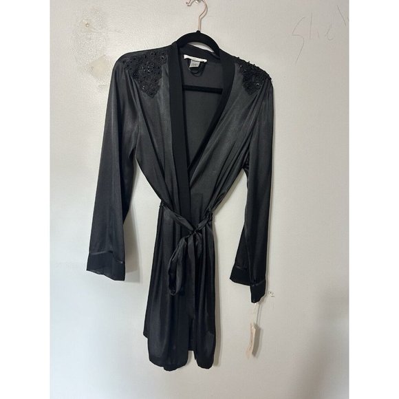 Linea Donatella Short Satin Wrap Robe Black S/M - Picture 1 of 5